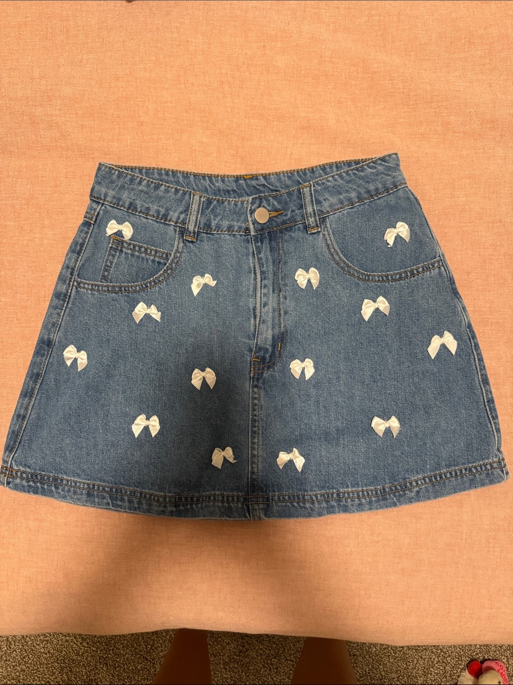 Denim Skirt with White Bows